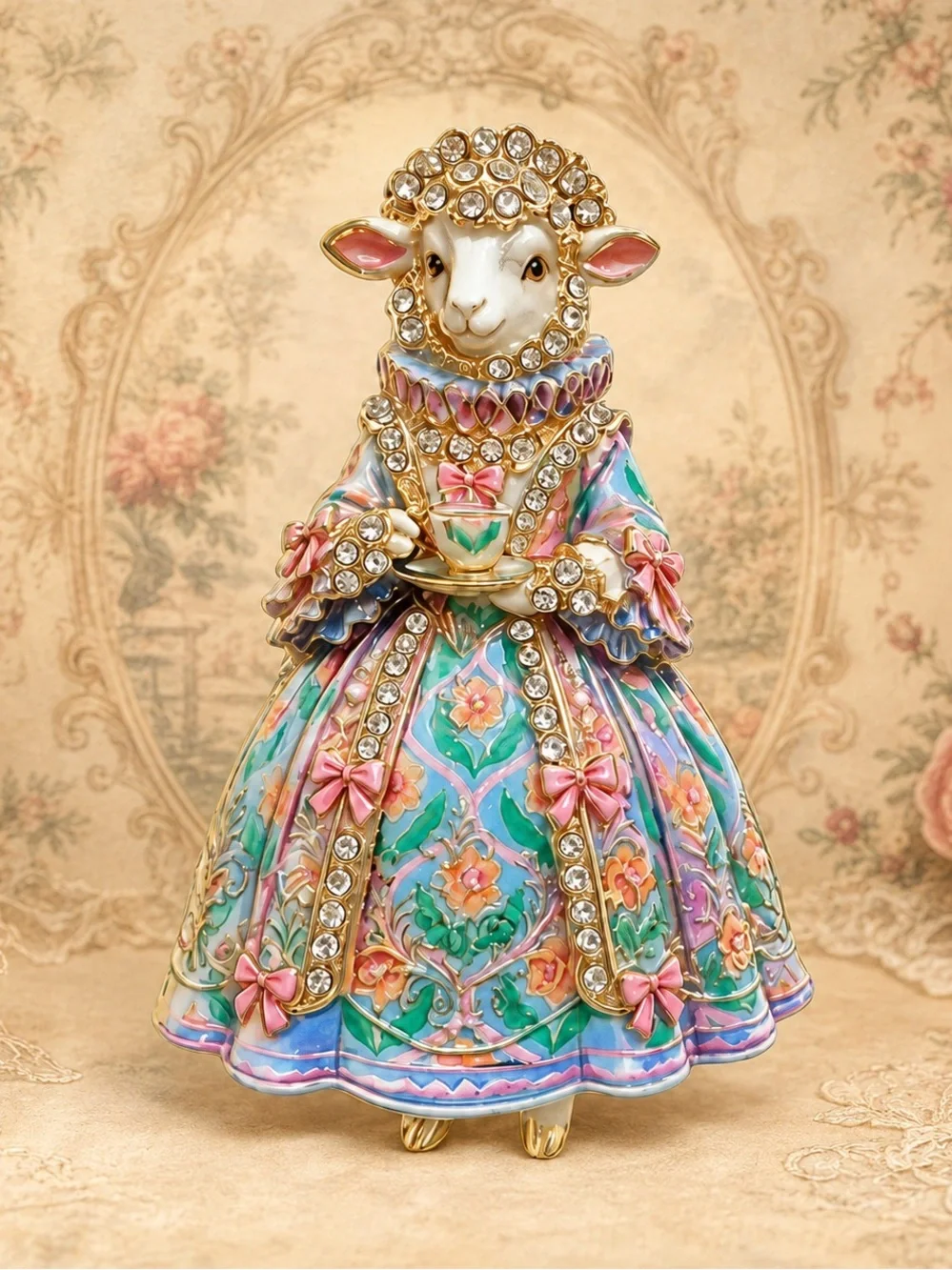 Victorian Sheep Lady Floral TeaLover Brooch